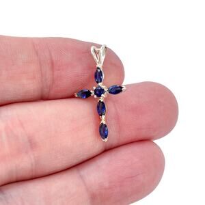 Estate Sterling Silver 925 Sapphire Cross Pendant